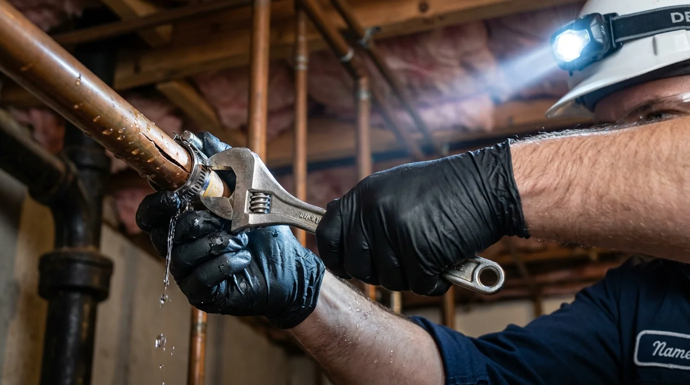 Emergency pipe clamp repair being performed by a Johns Plumbing LLC plumber in Altavista