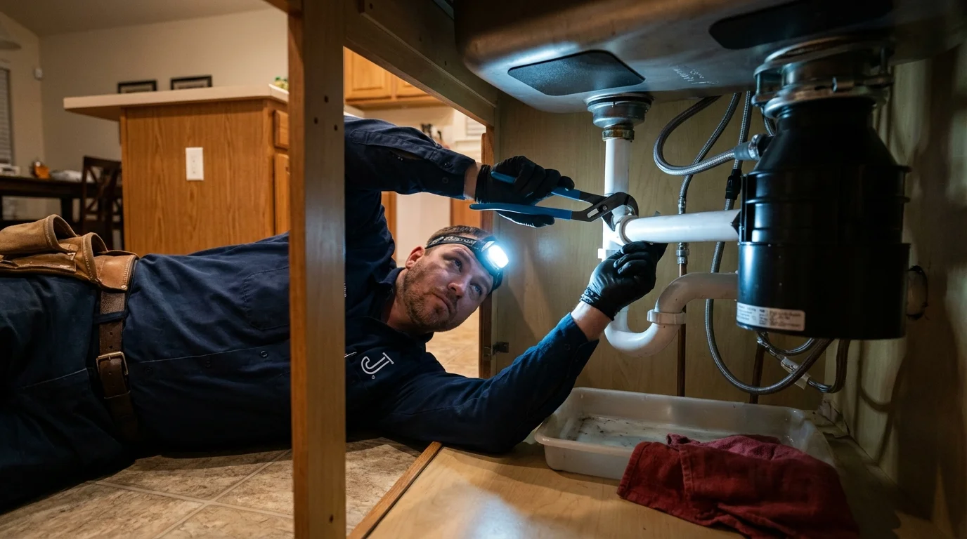P-trap and supply line connections under a kitchen sink showing a common leak point in Altavista, VA